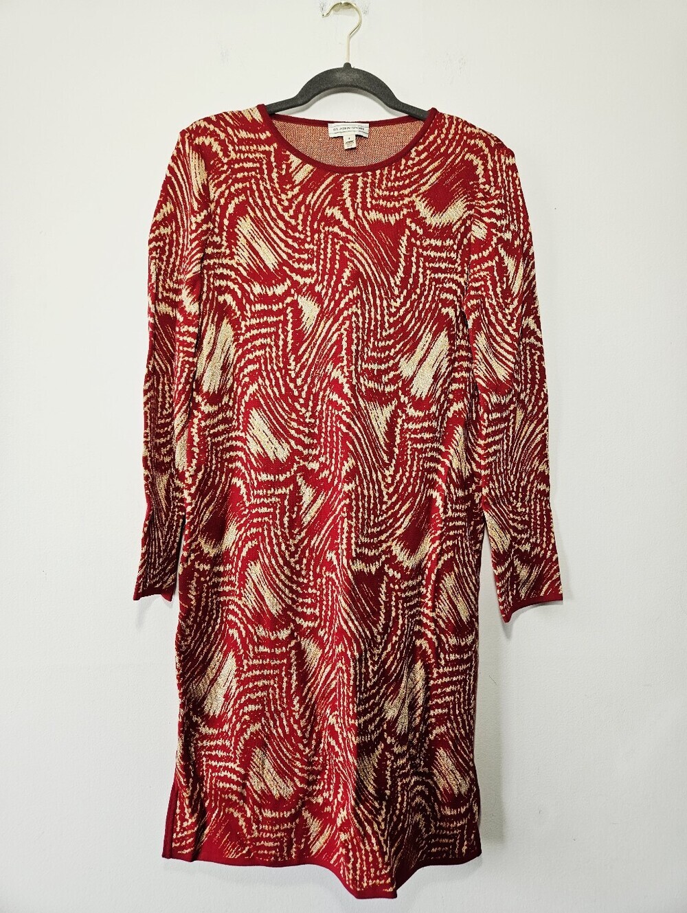 St. John Sport Dress Red Gold Metallic Shimmer Patterned Stretch Knit Size S
